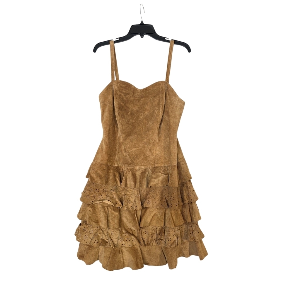 Apart Tan leather Suede sweetheart neckline mini mini ruffled Dress
